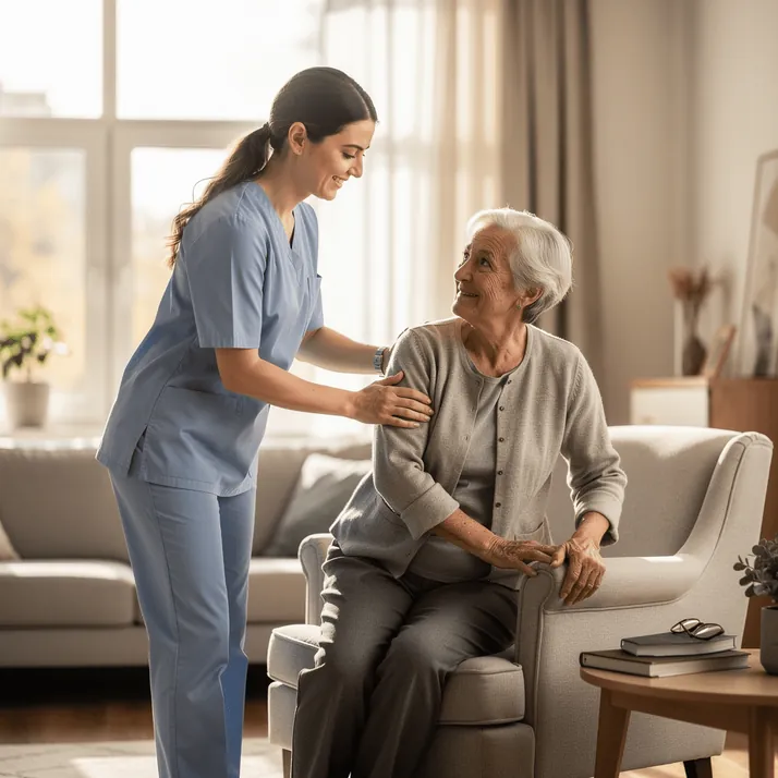 A caregiver in scrubs gently assisting a senior woman at home
