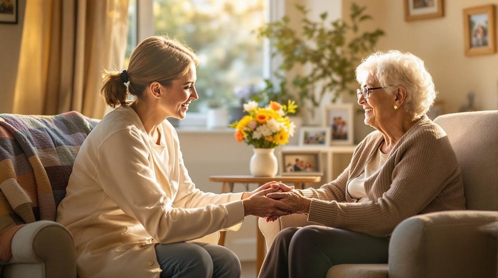 A caregiver warmly holding the hands of a senior woman in a bright Miami living room